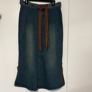solo Dark Blue Denim Maxi Skirt with Brown Fringe Tie